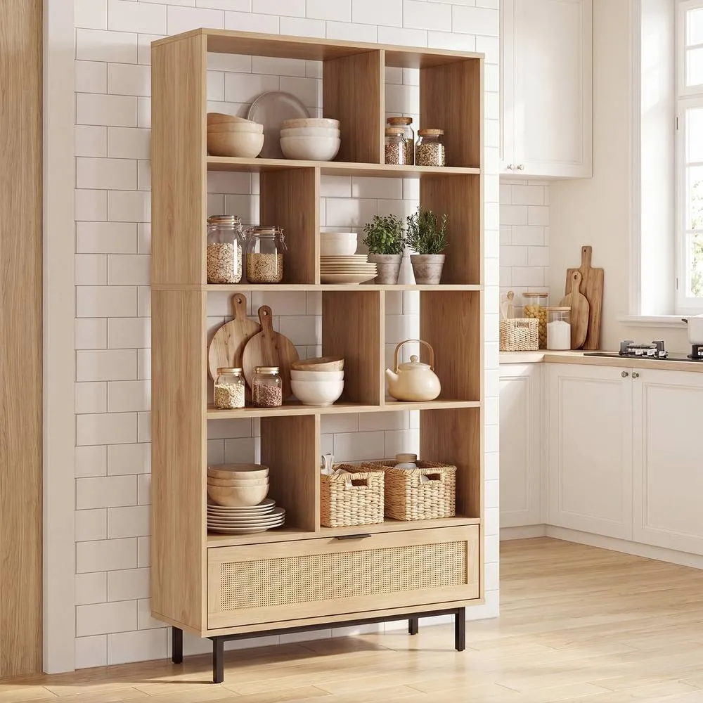 Costway 162cm Tall Wooden Bookcase 6-Tier Bookshelf w/8 Cubes & Rattan Drawer in Natural 4