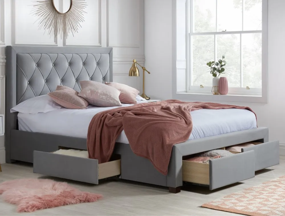 Woodbury - Double - 4-Drawer Storage Bed - Grey - Velvet - 4ft6 - Happy Beds