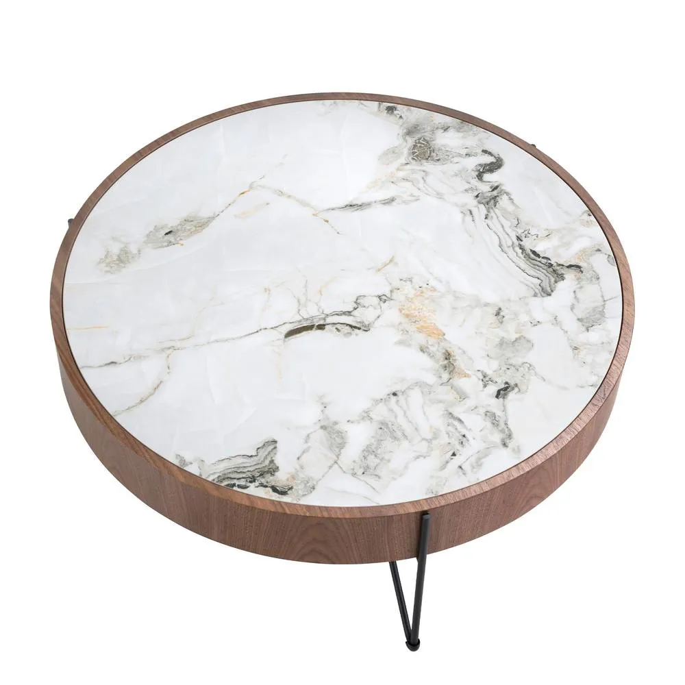 Angel Cerda Round Coffee Table Porcelain Marble Top & Walnut in Warm White 5