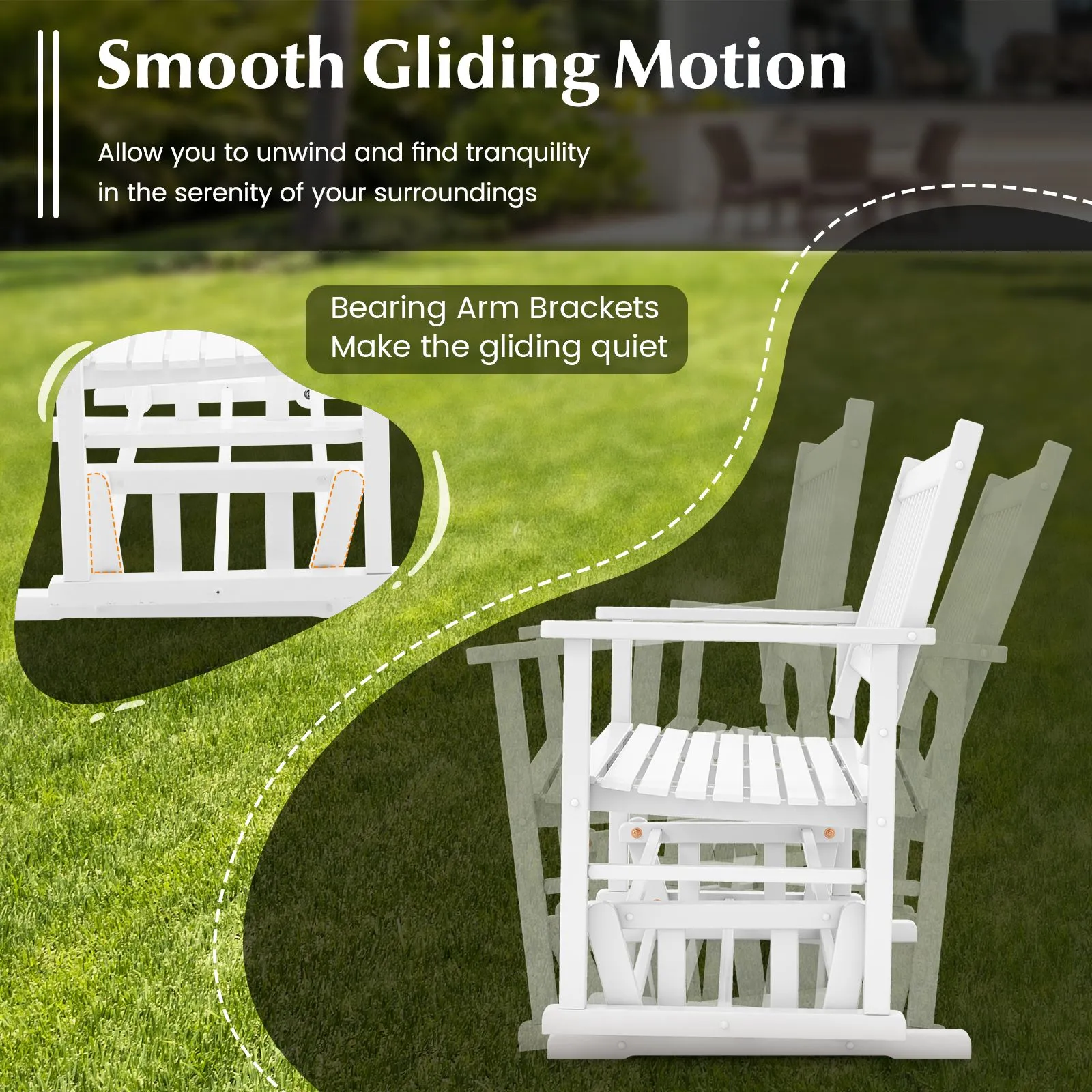 Costway 2 Seats Outdoor Glider Bench Poplar Wood Patio Swing Glider Loveseat Chair with Armrests in White 6