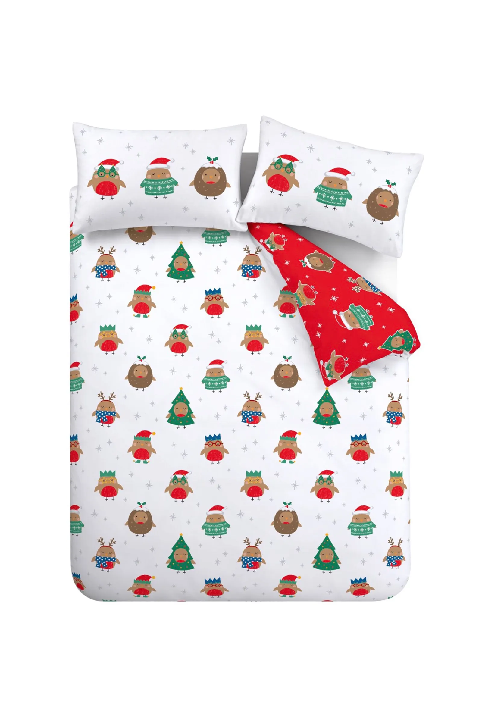 Catherine Lansfield 'Christmas Party Robins' Reversible Duvet Cover Set in White 5