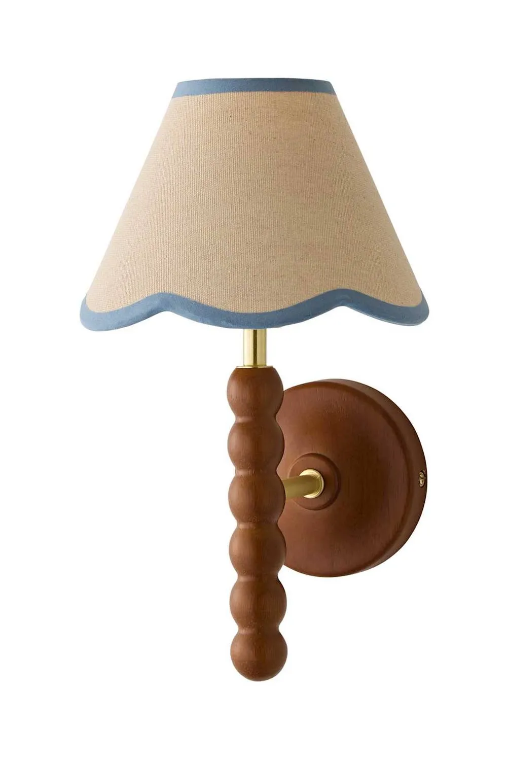 ValueLights Bobbins Walnut Bobble Wall Light & Linen Trim Lamp Shade & Bulb in Baby Blue 6