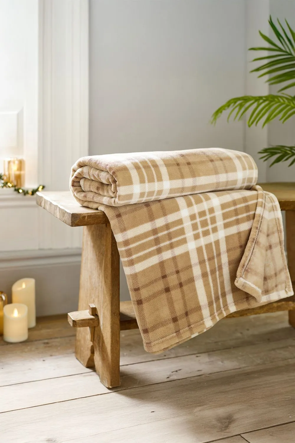 Deyongs Snuggle Check Throw Blanket 140x180cm - Super Soft Coral Fleece - Printed Plaid Design | 1846 in Fawn