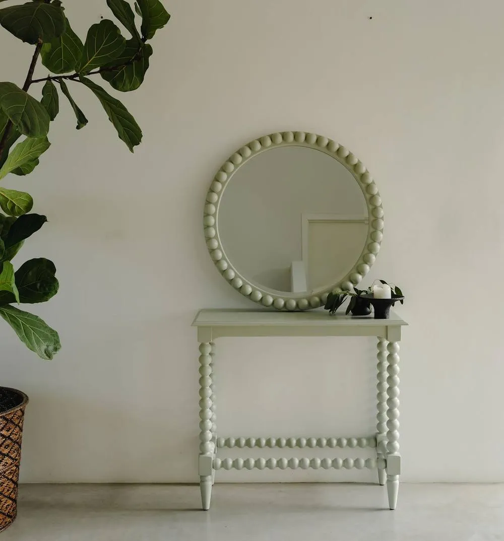 Statement Furniture Cromwell Round Wall Mirror with Bobbin Design Wooden Frame 77cm in Light Green 2