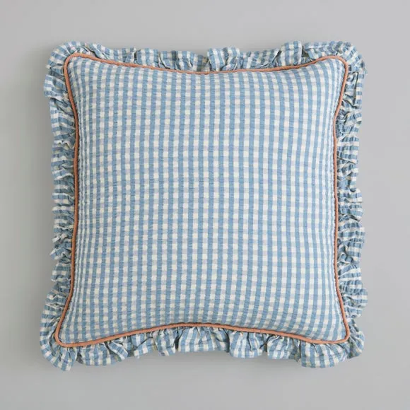 Seersucker Gingham Frill Cotton Square Cushion 3