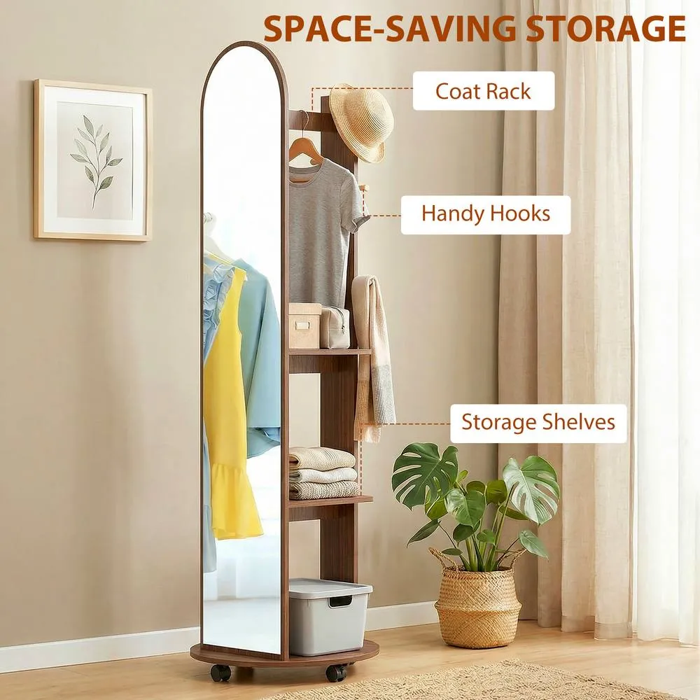 HOMCOM 2-in-1 Full Length Mirror with Shelves, 4 Wheels in Brown 5