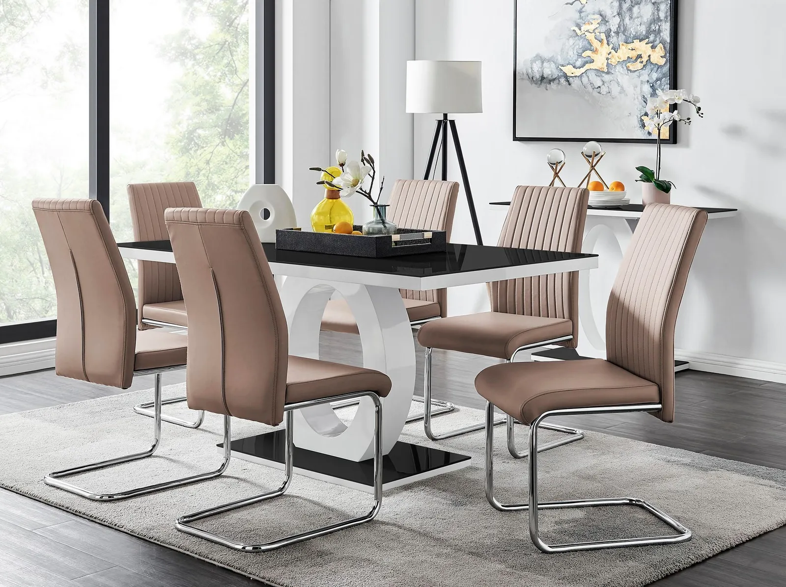 FurnitureboxUK Giovani High Gloss & Glass Dining Table & 6 Lorenzo Chairs Set in Beige 1