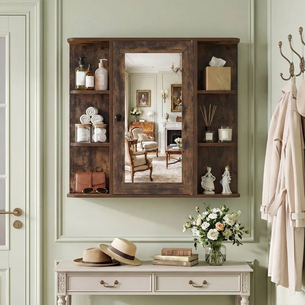 Costway Bathroom Wall Cabinet Modern Wall Mounted Medicine Cabinet with Mirror in Brown 5
