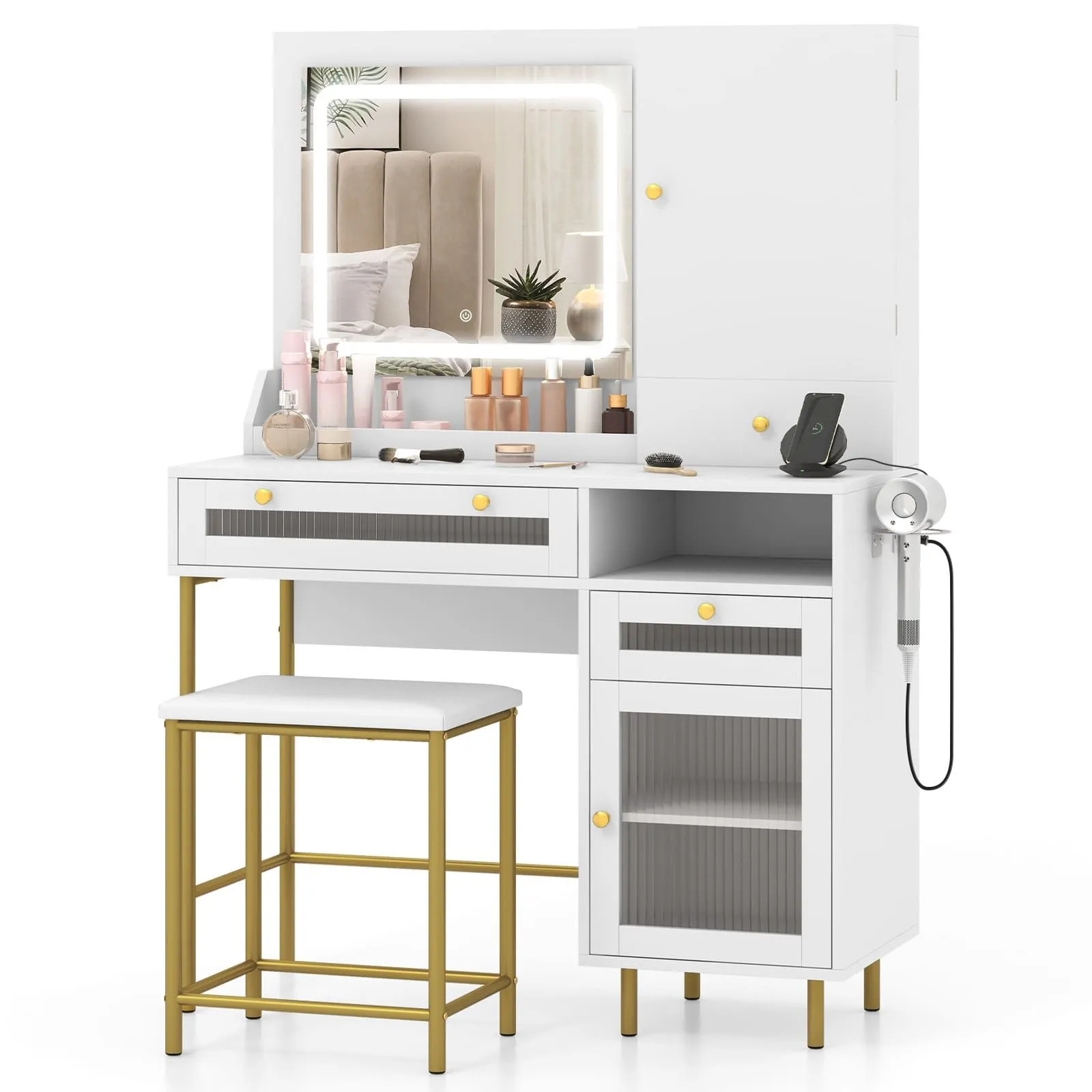 Costway Vanity Set Dressing Table & Chair Set w/3 Lighting Modes & Cabinet in White
