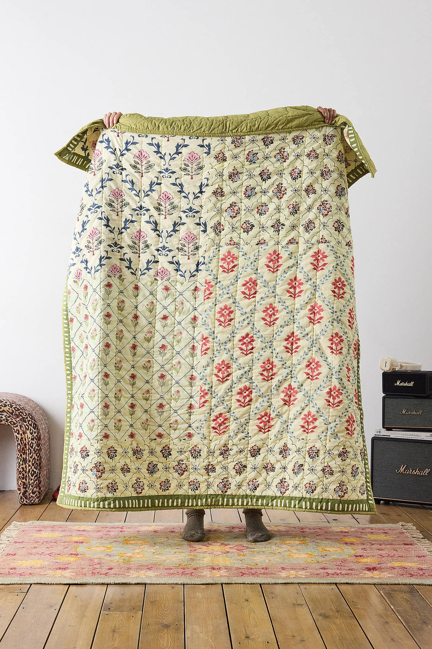 Green Floral Patch Quilted Throw - Green