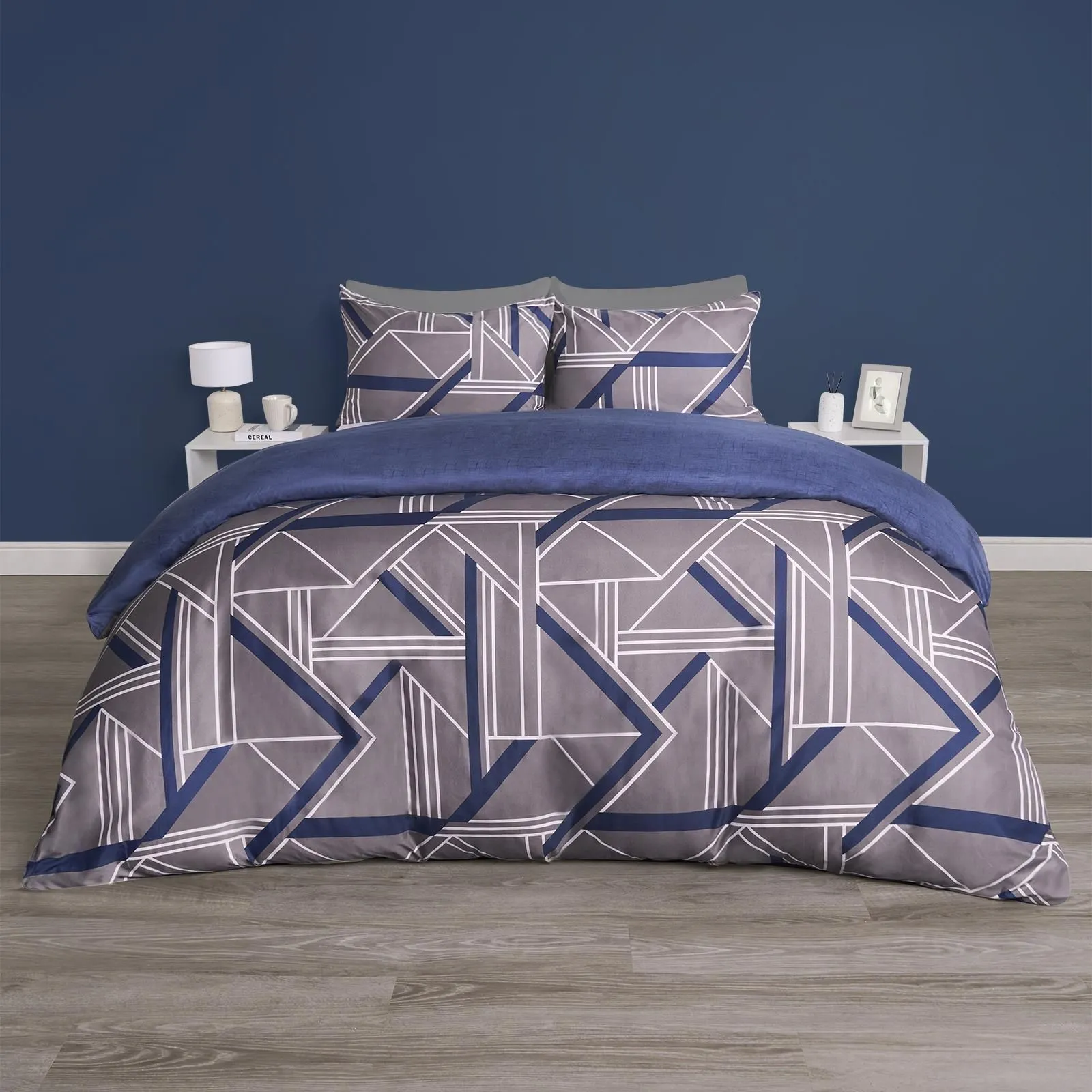 OHS Geo Duvet Cover Set Quilt Pillowcase Bedding Abstract Reversible in Charcoal