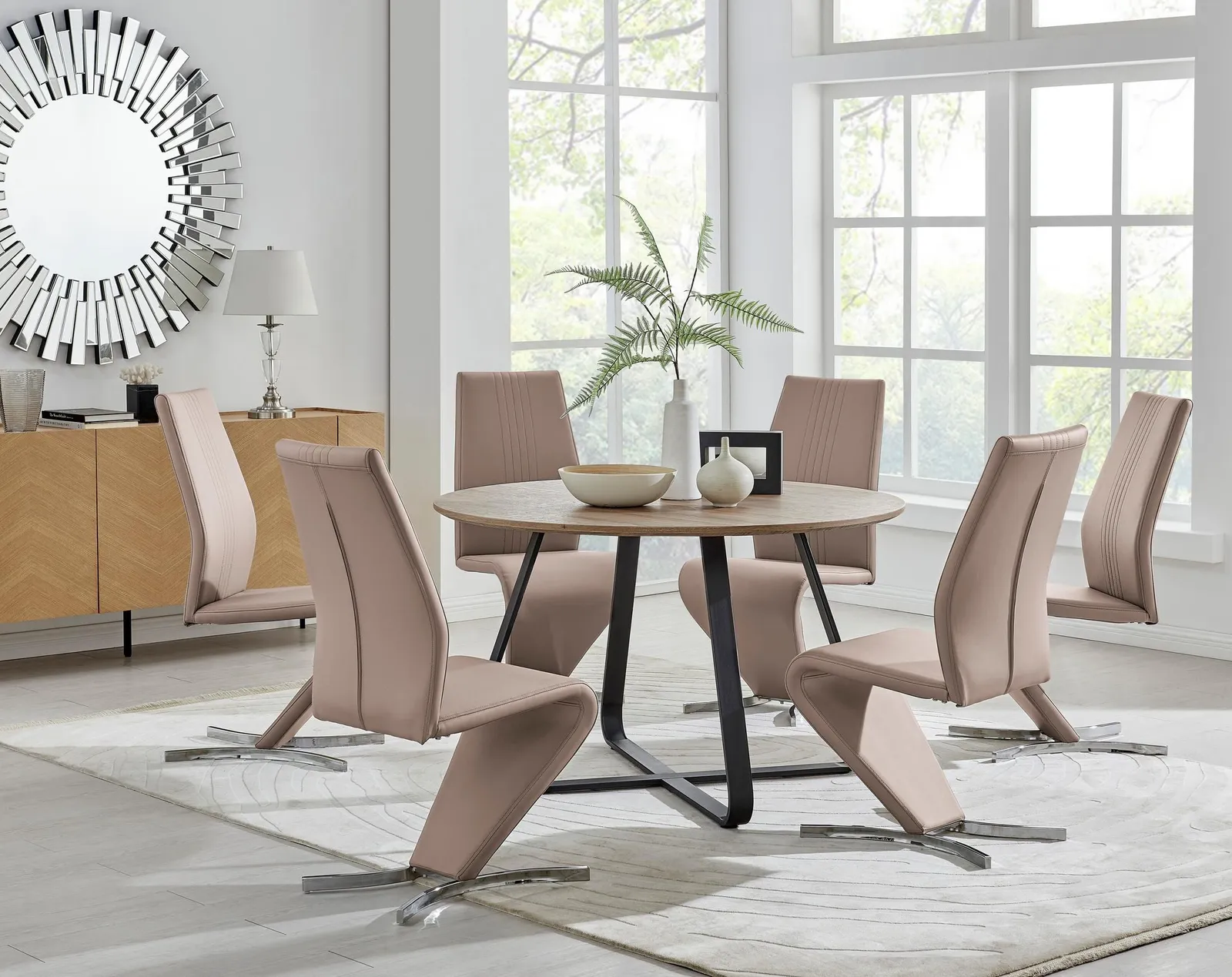 FurnitureboxUK Santorini Brown Wood Effect Dining Table & 6 Willow Chairs in Beige 1