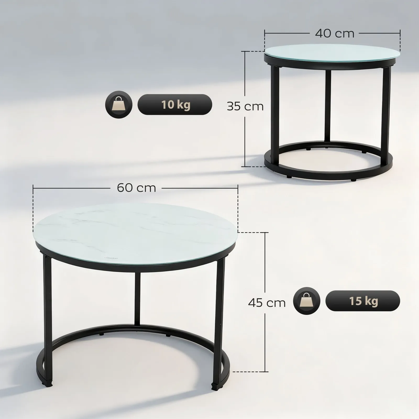 HOMCOM Glass Coffee Table Set of 2, Round Nest of Tables, White 3