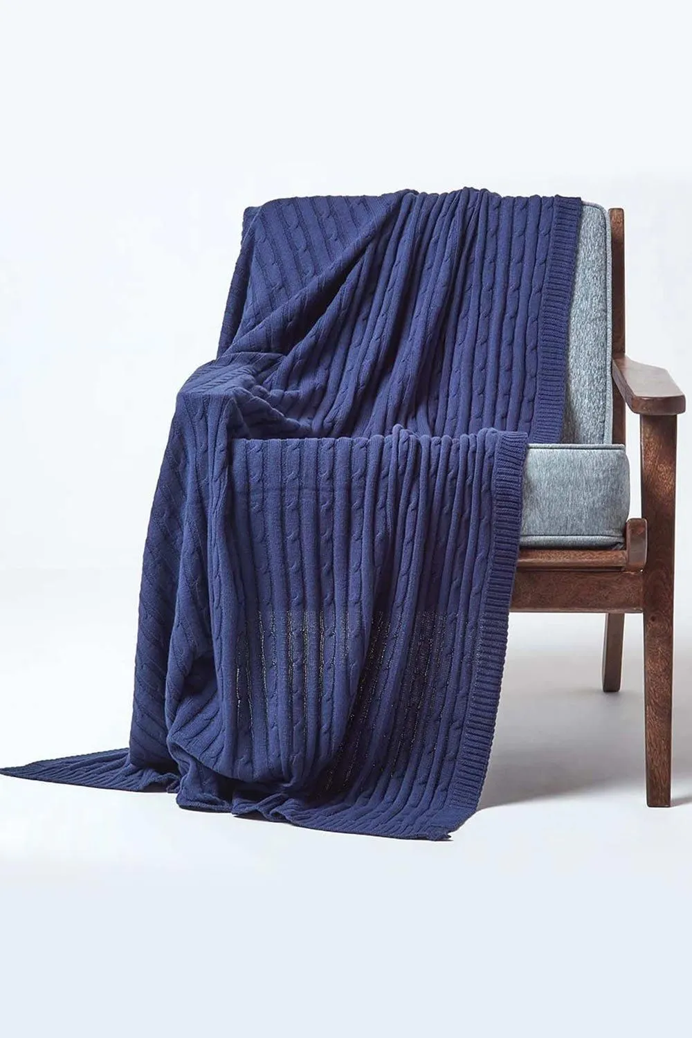 Homescapes Cotton Cable Knit Throw Soft & Cosy Vintage Blanket in Navy
