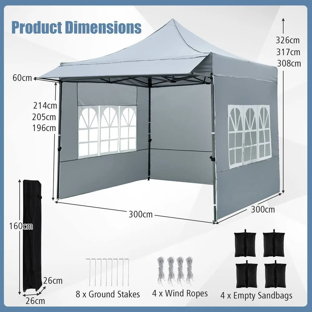 Costway 10 x 10 Pop Up Canopy Tent with Wheeled Bag & 4 Sandbags in Grey 2