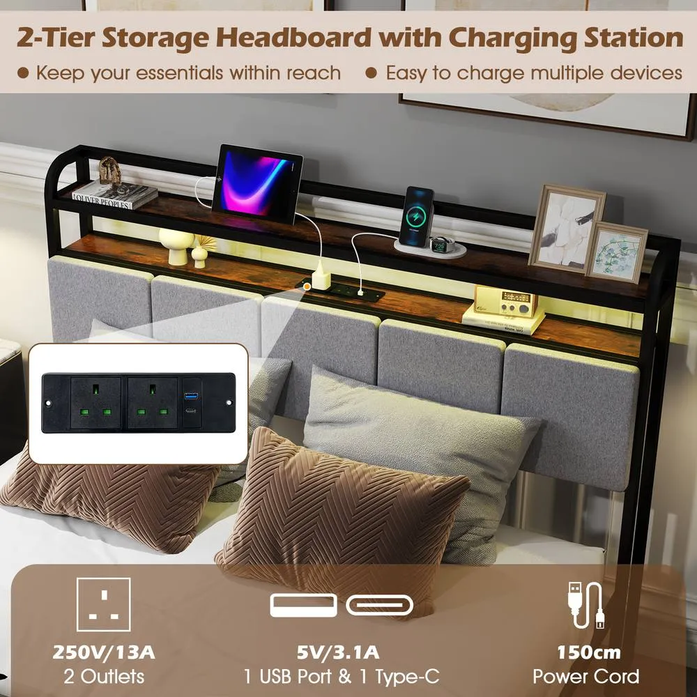 Costway King Size Bed Frame w/ LED Light & Charging Station-Brown in Brown 5