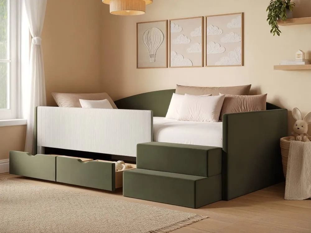 Flair Elisa Velvet Storage Low Sleeper Bed with Beige Cord in Green 2