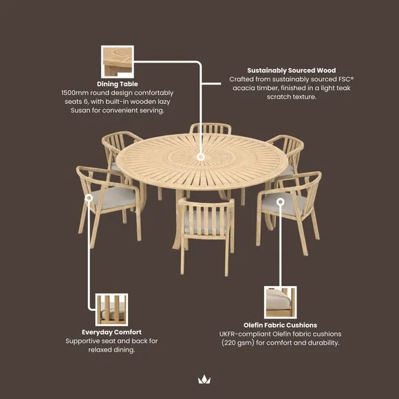 Maris 6 Seater Round Garden Dining Set With 6 Riven Chairs and Lazy Susan 6