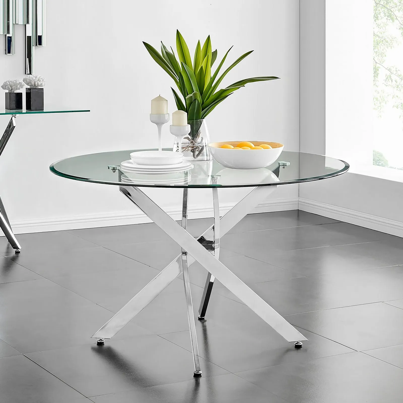 FurnitureboxUK Novara 120cm Round 6-Seater Glass & Metal Starburst Dining Table in Silver