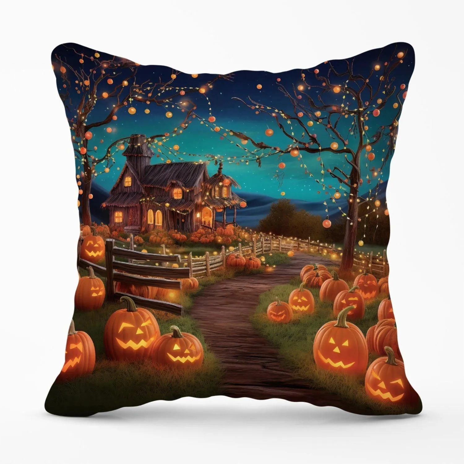 Warren Reed - Designer Enchanted Hallowen Pumpkin Patch Outdoor Cushion in Orange