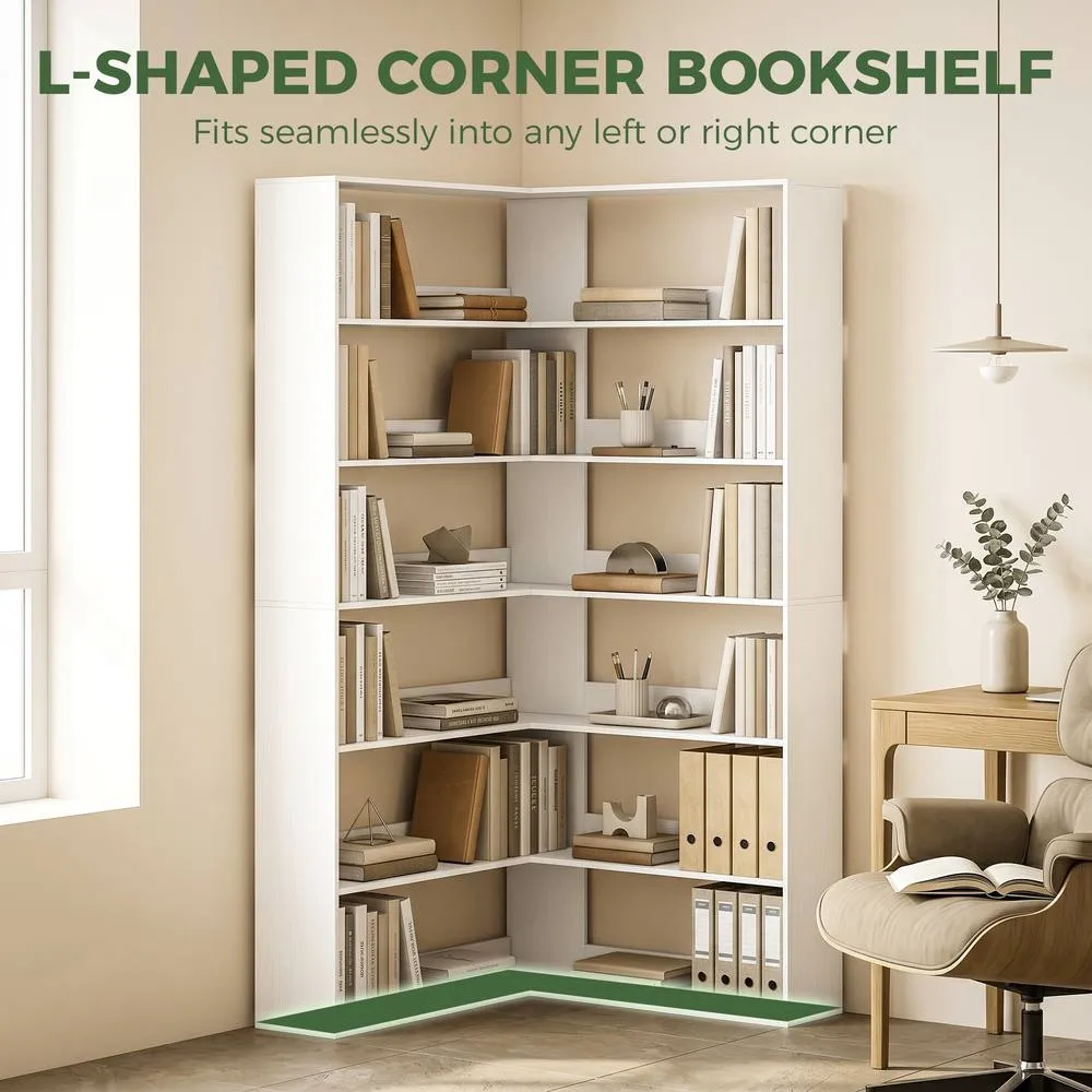 HOMCOM 7 Tiers Corner Bookshelf, L-Shaped, White Wood Effect 4