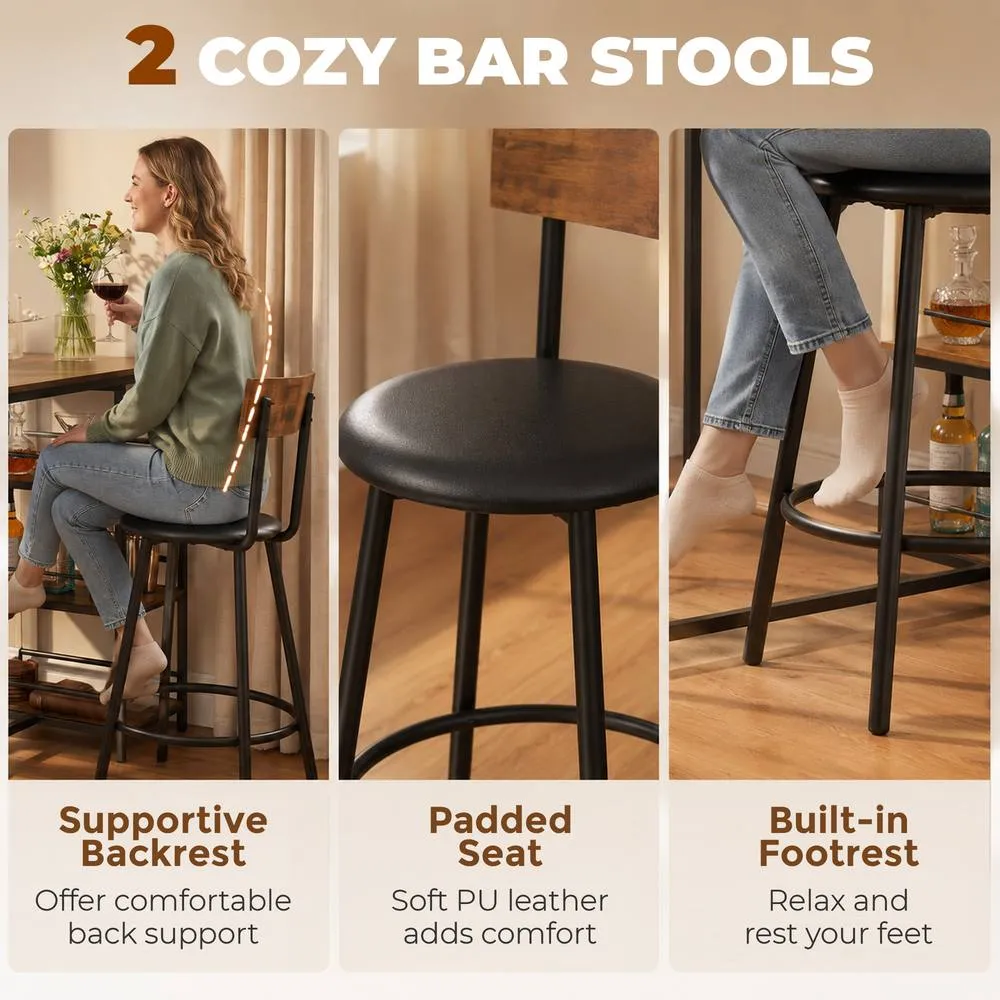 HOMCOM Space Saving Bar Table & PU Leather Stools for 2, Rustic Brown 6
