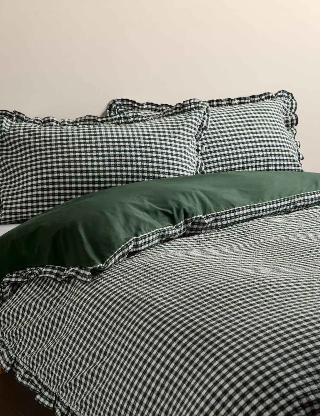 M&S Pure Cotton Gingham Ruffle Bedding Set Green