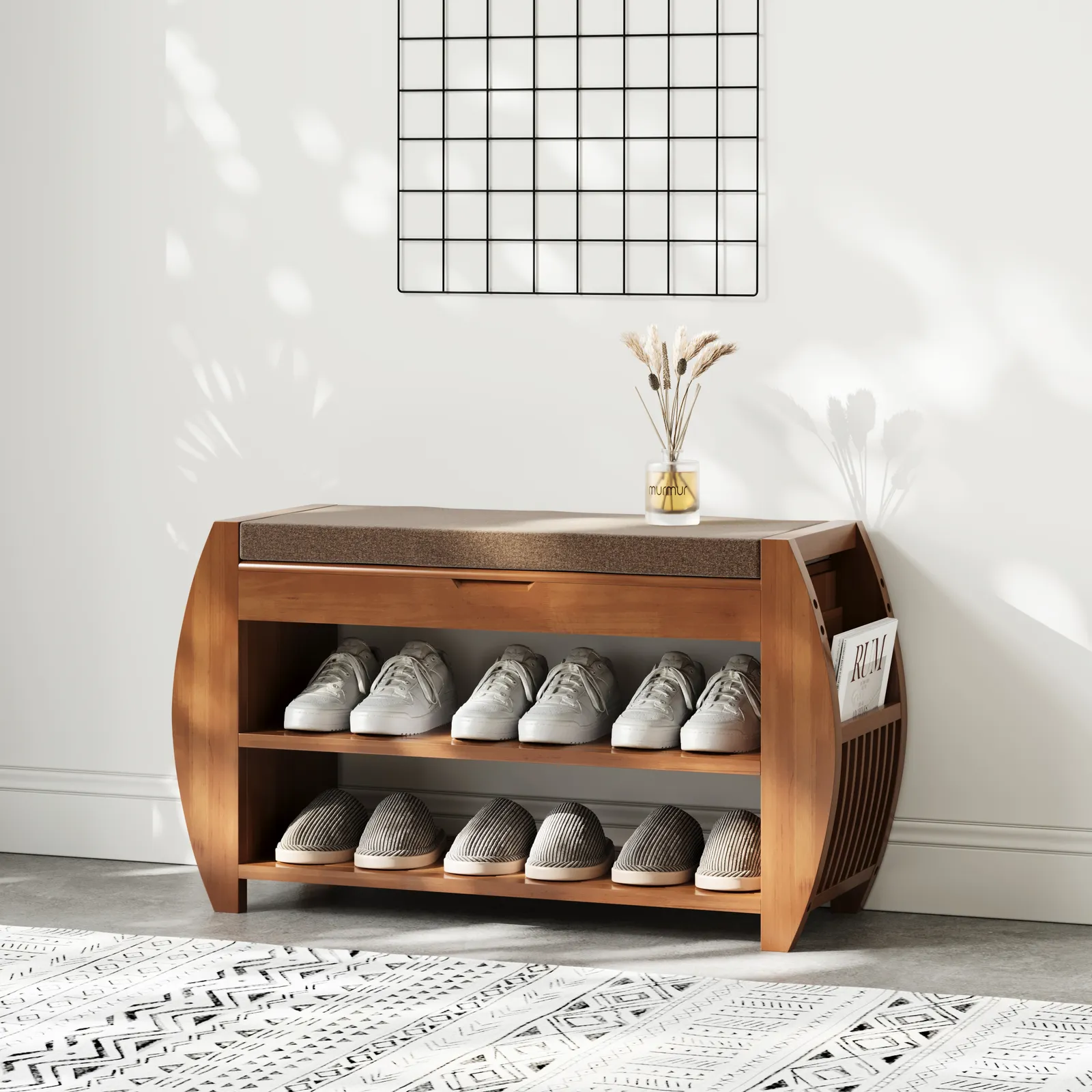 Shoe Storage Entryway Bench Wooden Shoe Rack in Brown