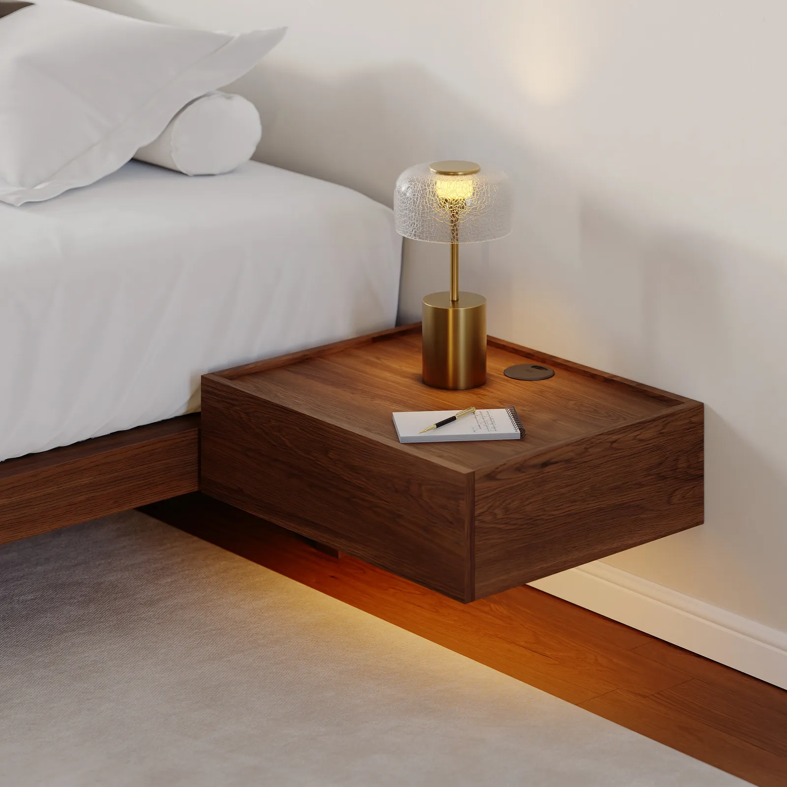 Floating Walnut Bedside Table with Light & Charging Station Set of 2