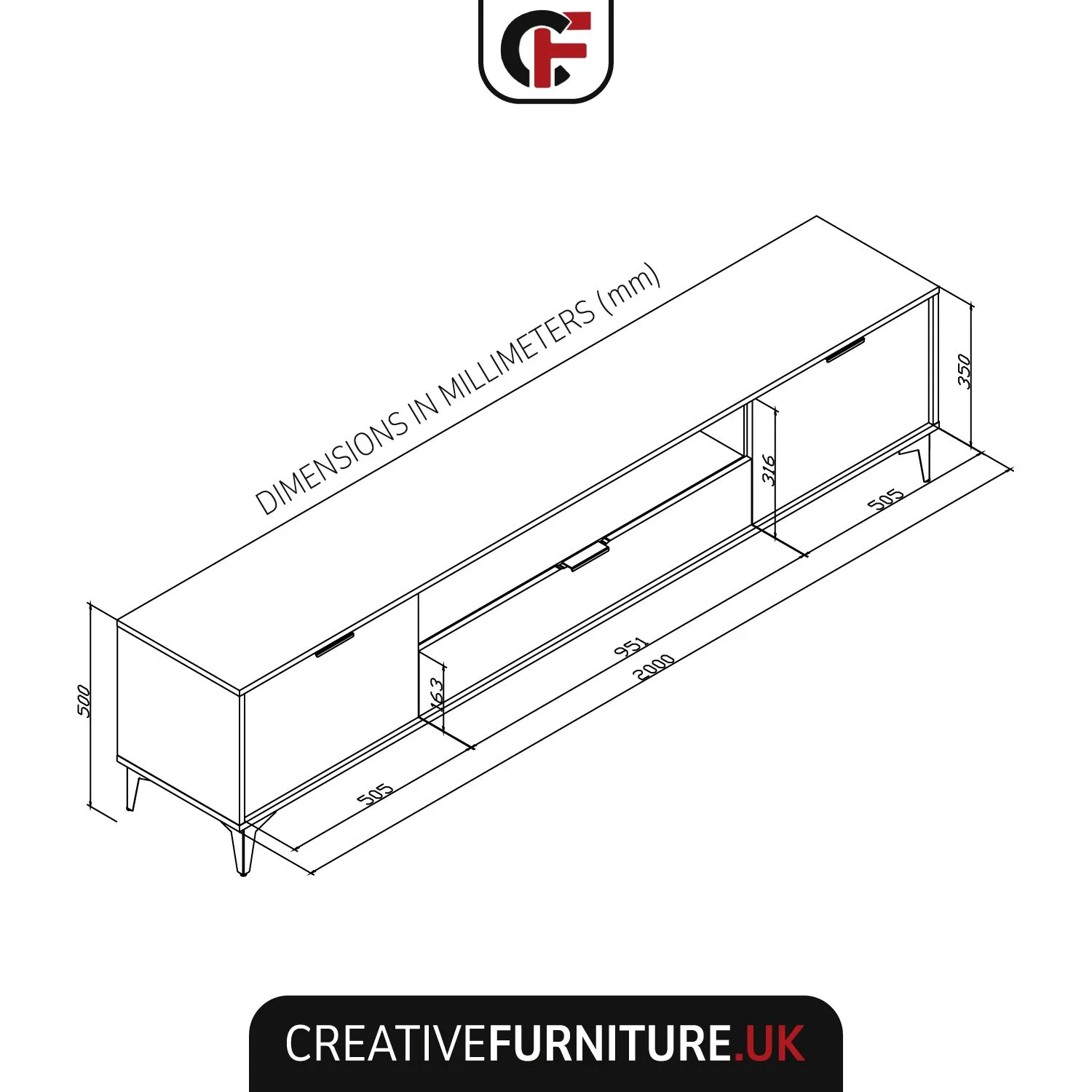 Creative Furniture Goldline Gloss TV Unit 200cm - Sleek Full-Gloss Design in White or Black 4