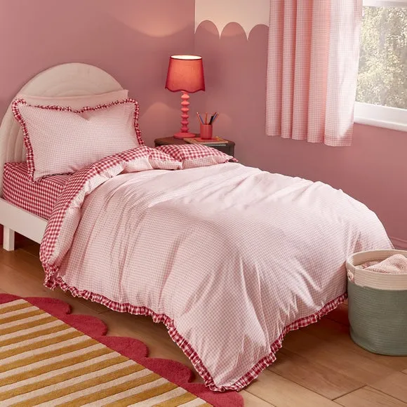 Pink Gingham Frill Quilt Cover and Pillowcase Set