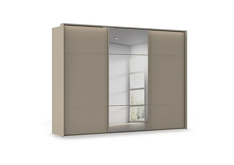 Haven 310cm 3 Door Slider Wardrobe with 2 Décor Doors, 1 Mirror Door and Lights