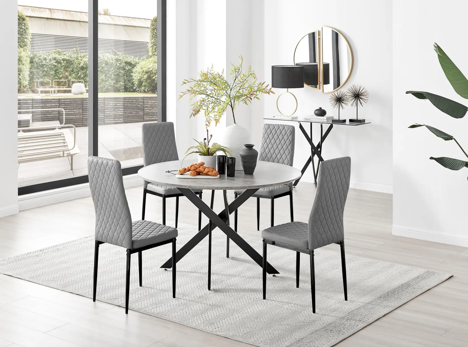 FurnitureboxUK Novara Grey Concrete Effect Black Leg 120cm Round Dining Table & 4 Milan Black Leg Chairs 1