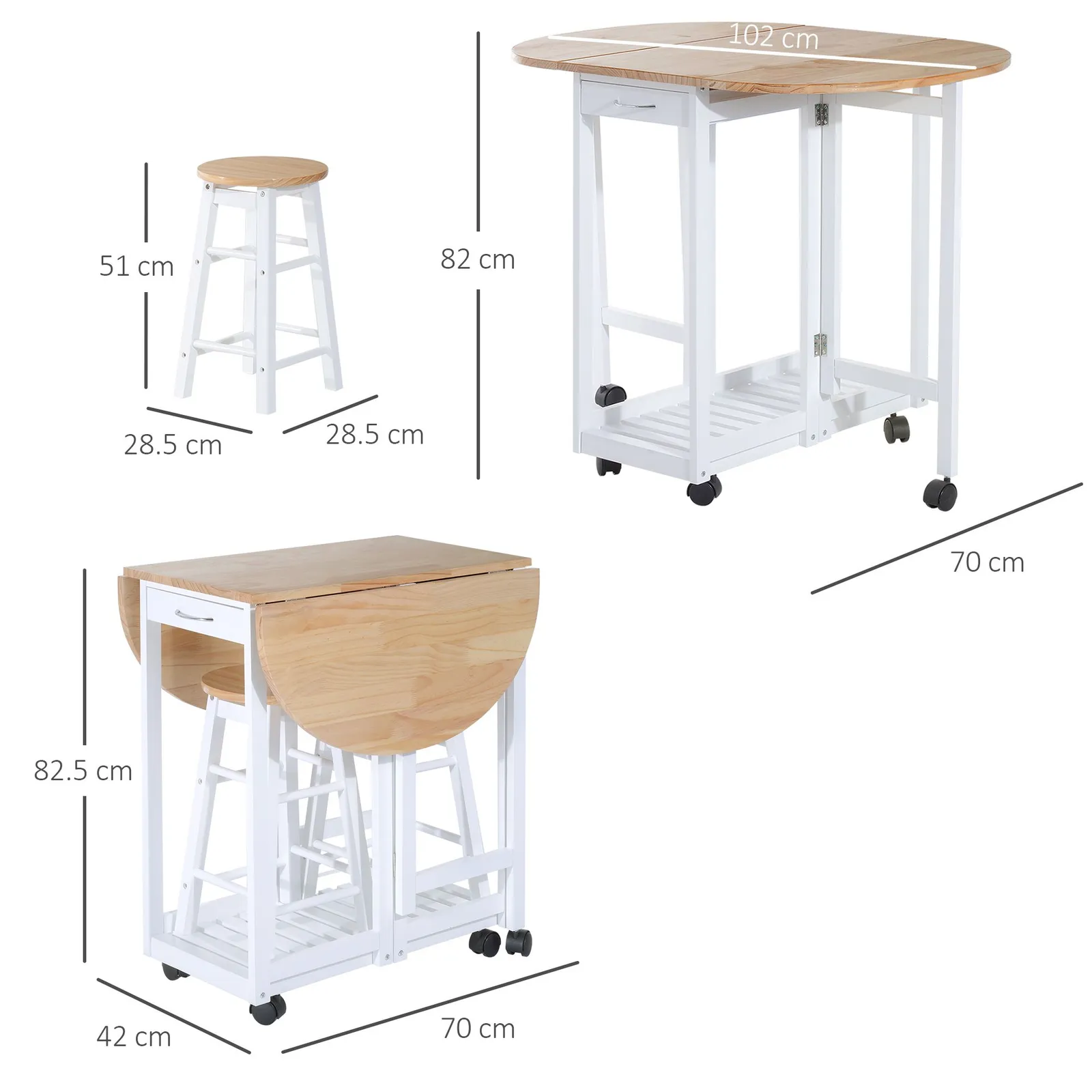 HOMCOM 3pc Wooden Kitchen Cart Mobile Rolling Trolley Folding Stools Wheels in White 3