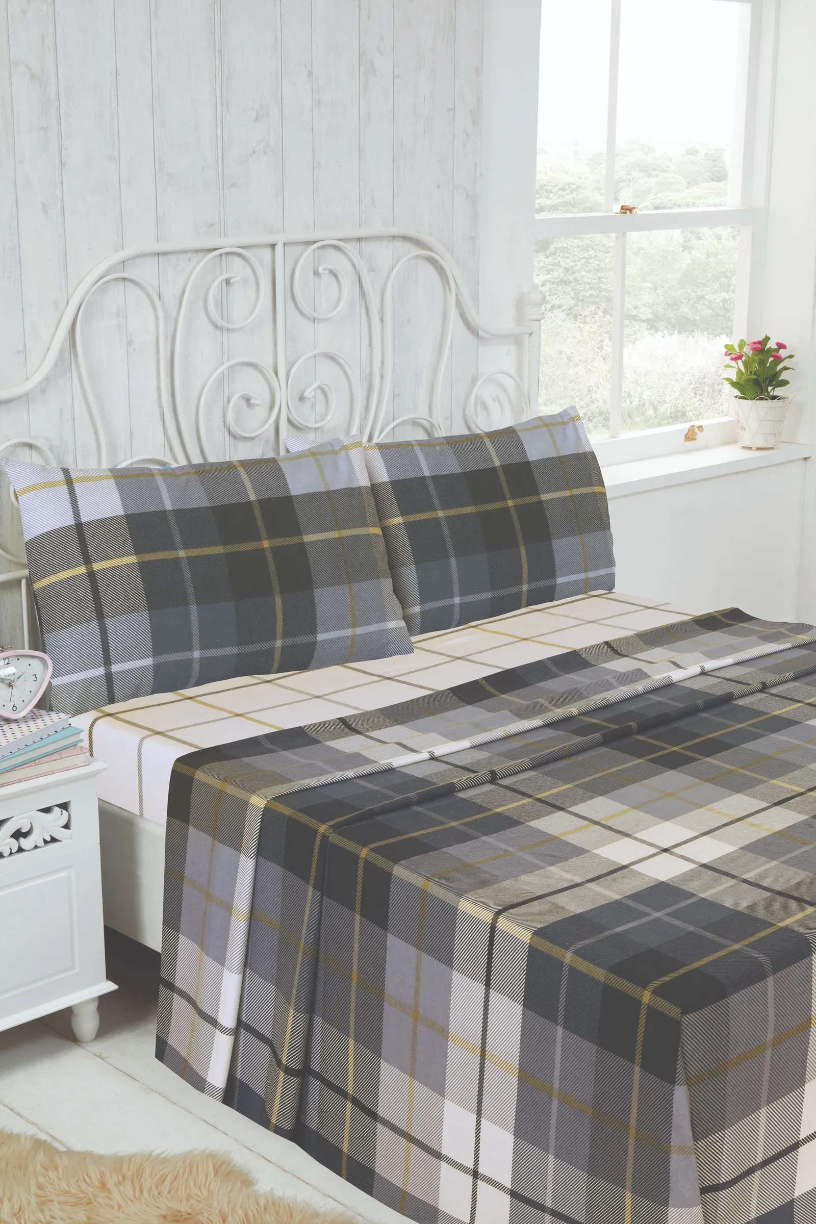 Rapport Home Lomond Brushed Cotton Check Luxury Flannelette Complete Sheet Set in Blue