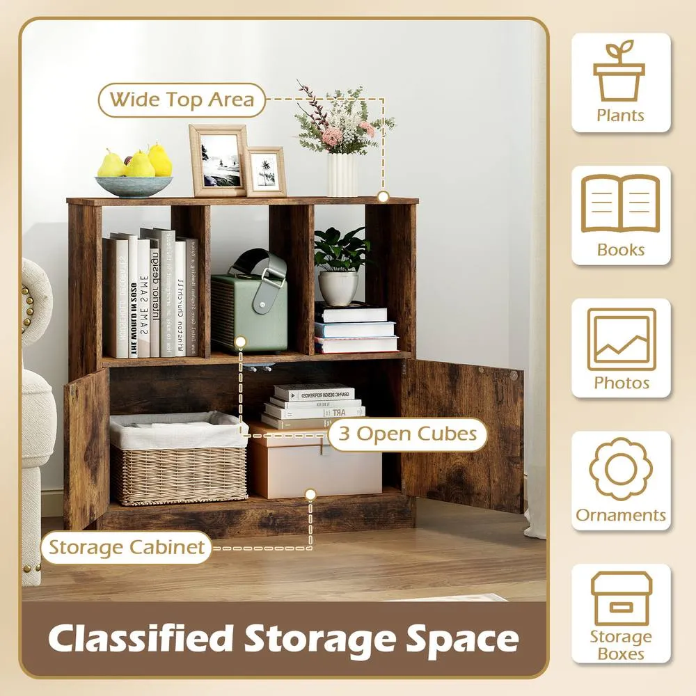 Costway 3-Cube Bookcase 3-Tier Bookshelf w/Cabinet Modern Storage Organizer in Brown 4