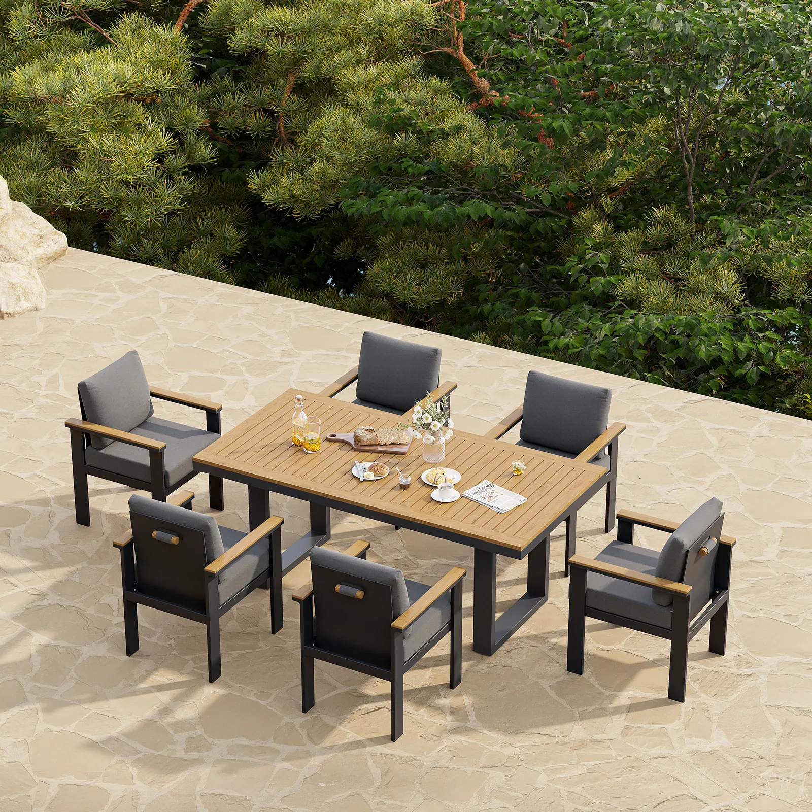 Tevara 7-Piece Rectangular Wood & Aluminium Outdoor Patio Dining Set for 6 People