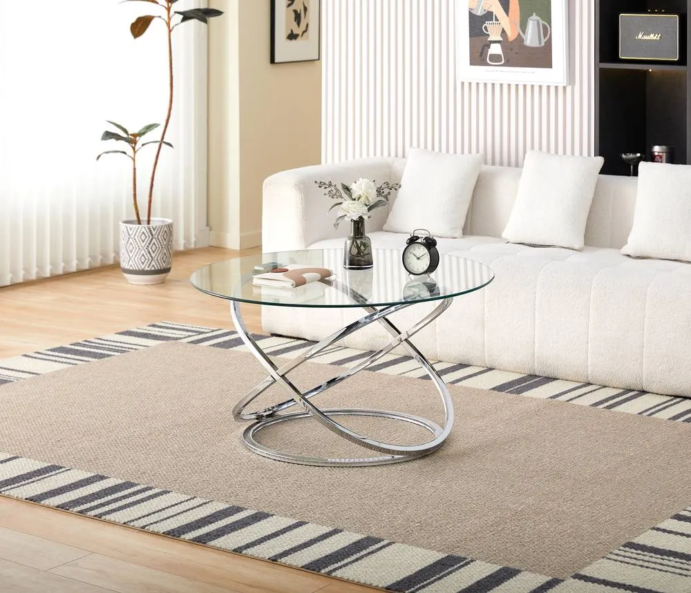 Comfy Living Ltd Round Abstract Tempered Glass Coffee Table Chrome Effect in Silver 3