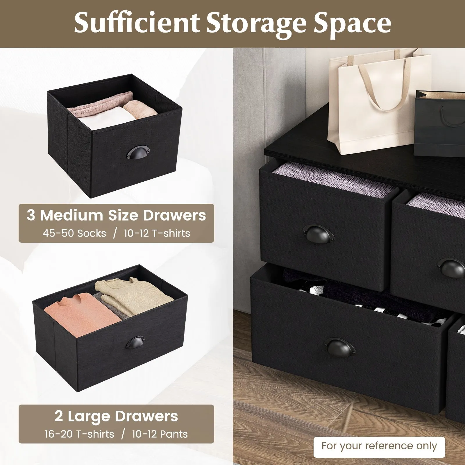 Costway 5 Drawers Cabinet 2-Tier Fabric Storage Organizer Chest of Drawers w/ Baskets in Black 4