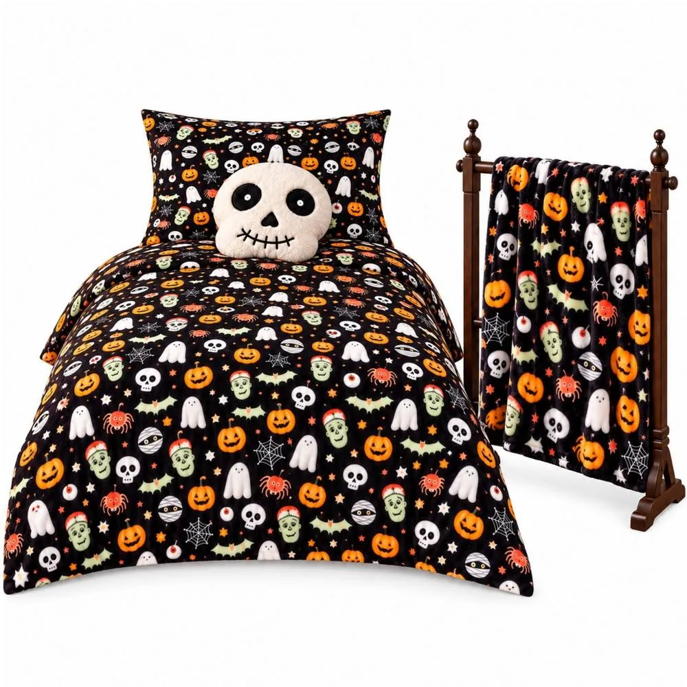Smart Living 3 Piece Halloween Bedding Bundle Single Duvet Throw Skull Cushion in Black
