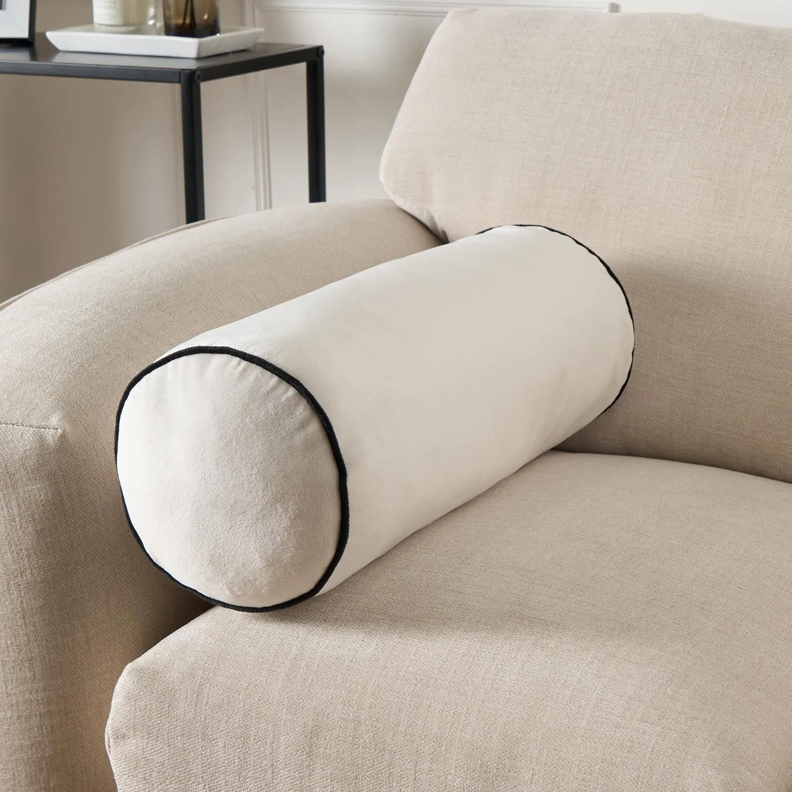 OHS Bolster Cushion Matte Velvet Filled Bedroom Sofa Plump Decorative Scatter Pillow in Cream