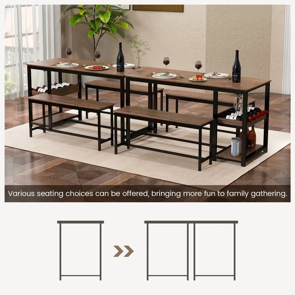 Costway 3 PCS Dining Table Set for 4 Dining Table & 2 Benches W/ Glass Holder in Brown 4