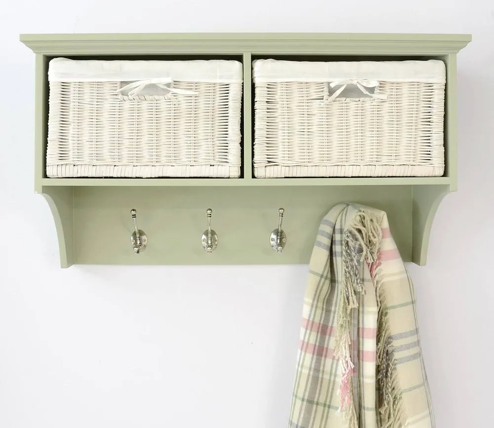 Statement Furniture Tetbury Small Hallway Coat Rack / Shelf with Wicker Storage Baskets in Light Green 4