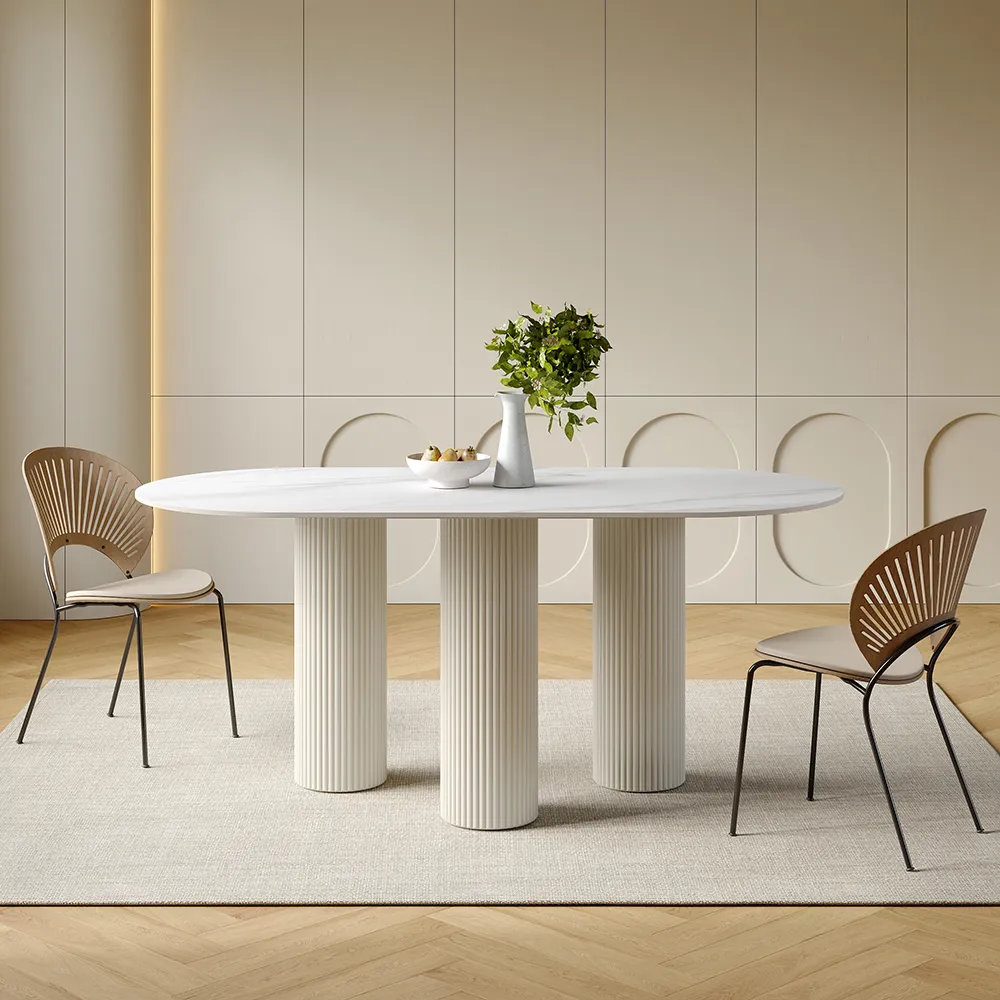 63" Modern Oval Sintered Stone Top Dining Table 3 Legs in White