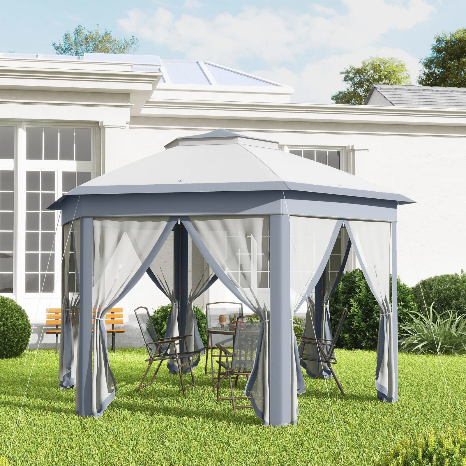 OUTSUNNY 3x4m Hexagon Gazebo w/ Metal Frame Mesh Curtains Outdoor Garden in Grey