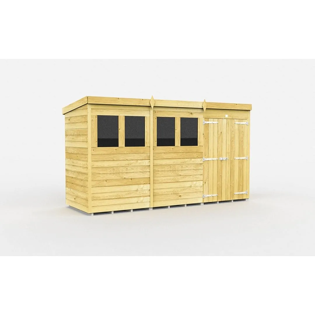 Buttercup Farm 12 x 4 Feet Pent Shed - Double Door W/ Windows - L118 x W358 x H201 cm in Brown