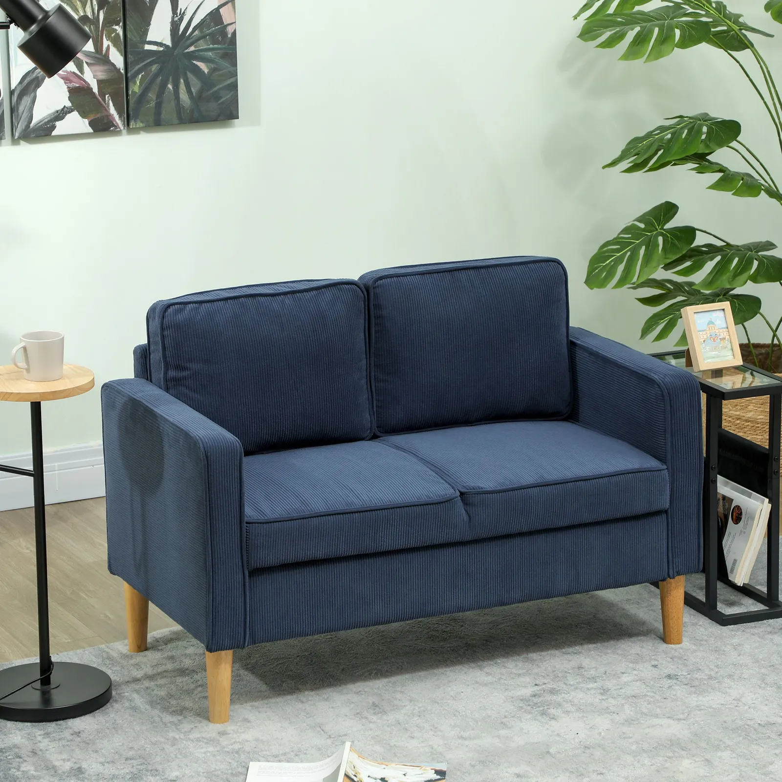 HOMCOM Compact 2 Seater Sofa with Under Seat Storage for Small Spaces in Blue