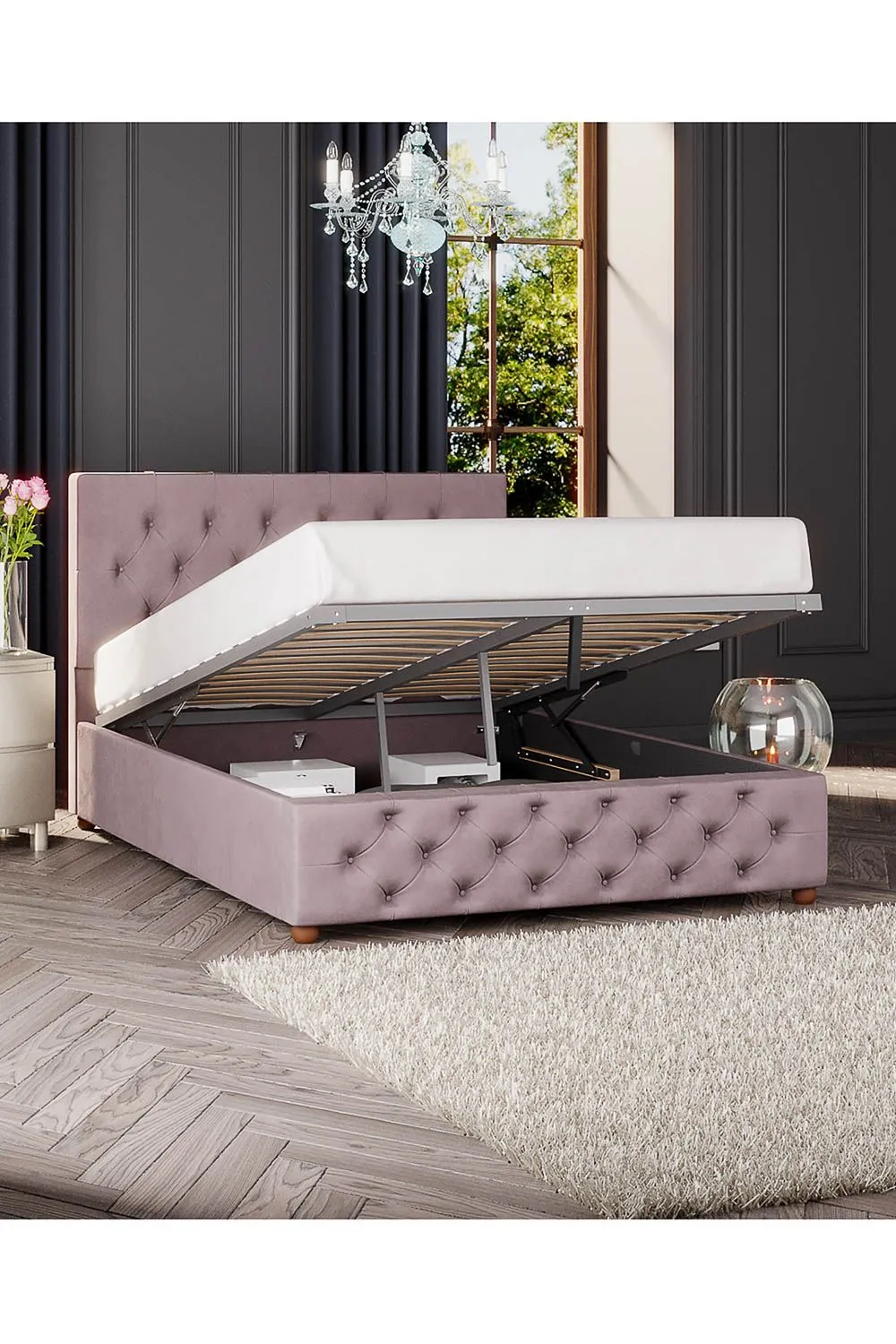 Laurence Llewelyn-Bowen Luna Ottoman Storage Bed in Plush Velvet Fabric, Custom Made in Rose 1