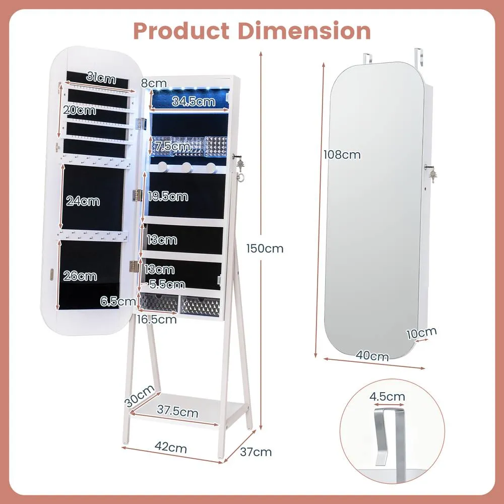 Costway Jewelry Cabinet w/Full-Length Mirror in White 2