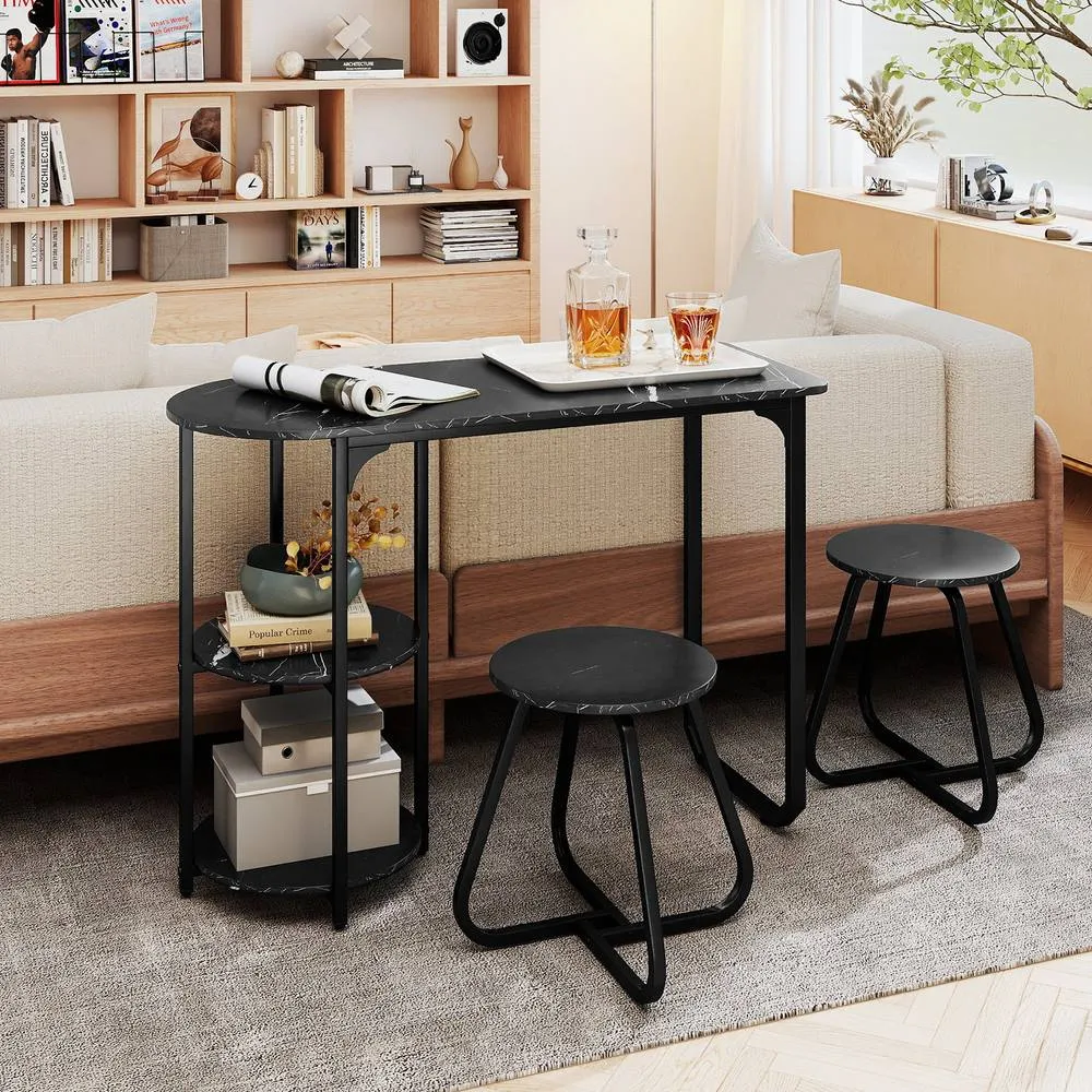 Costway Table & 2 Bar Stools Set Table w/ 2 Shelves Stools Kitchen Bar Unit in Black 4